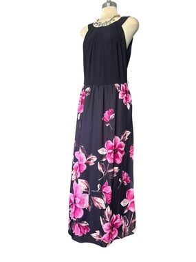 Sleeveless Black Maxi Dress with Pink Floral Skirt